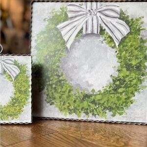 Festive Green Wreath Wall Art with White Bow 12” Square with Galvanized Frame